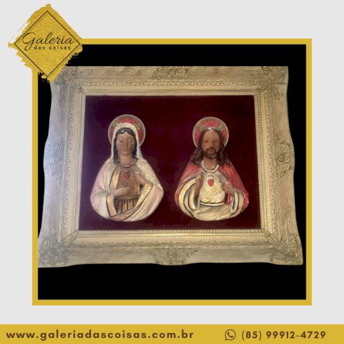 Antigo quadro Coração de Jesus e Coração de Maria,