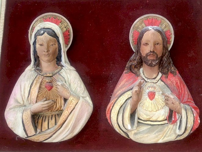 Antigo quadro Coração de Jesus e Coração de Maria,