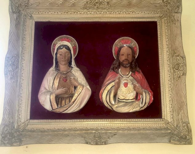 Antigo quadro Coração de Jesus e Coração de Maria,